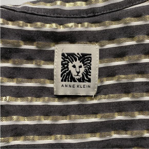Anne Klein Gold Stripe Zip Front Blouse Women Short Sleeve Career Top - Picture 8 of 13